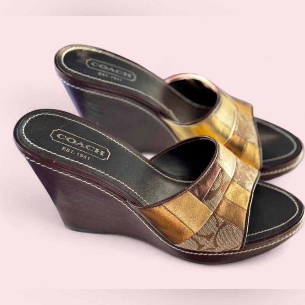 Coach Metallic Gold Patchwork Wedge Slide Sandals